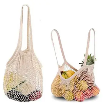 

Portable Reusable Grocery Bags Fruit Vegetable Bag Washable Cotton Mesh String Organic Organizer Handbag Long Handle Net Tote
