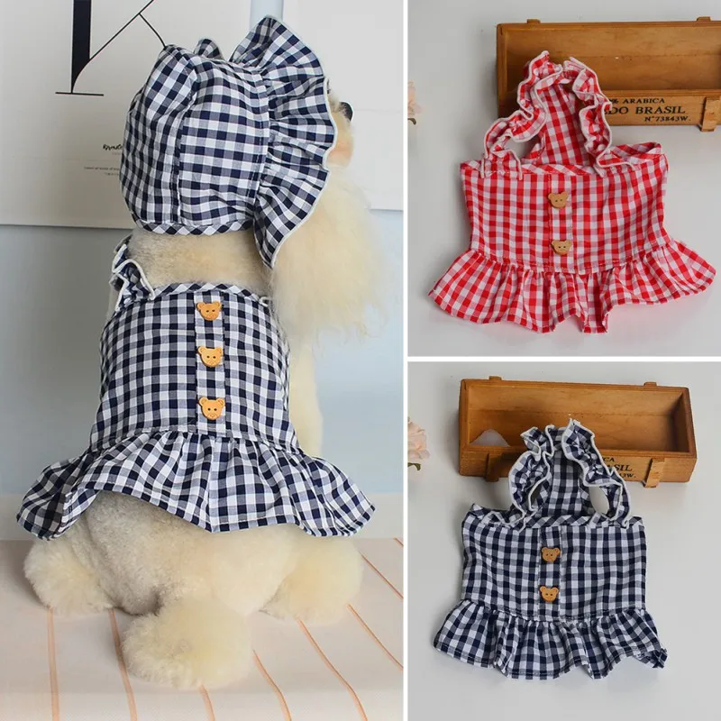 

Spring Summer Dog Dress Clothes for Small Medium Dogs Dress Sweety Princess Plaid Dress chihuahua Skirt and Hat Costume