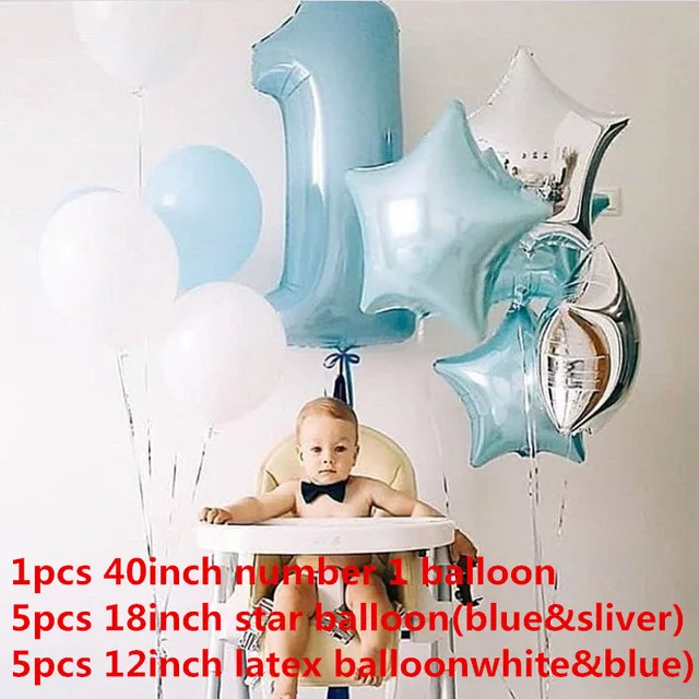 Вечерние украшения для первого дня рождения Детские воздушные шары один год торт Топпер полосы номер 1 шляпа душ Pull флаг globos - Цвет: 11pcs blue set