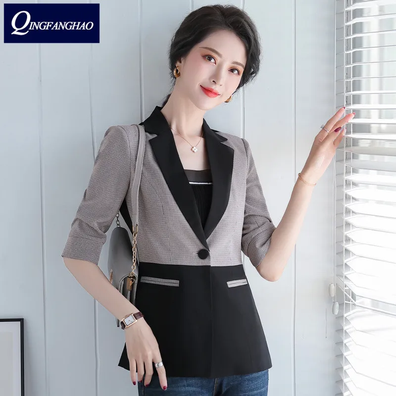 

2020 new Korean color matching small suit women's jacket Slim commute wild white-collar temperament middle-sleeved suit