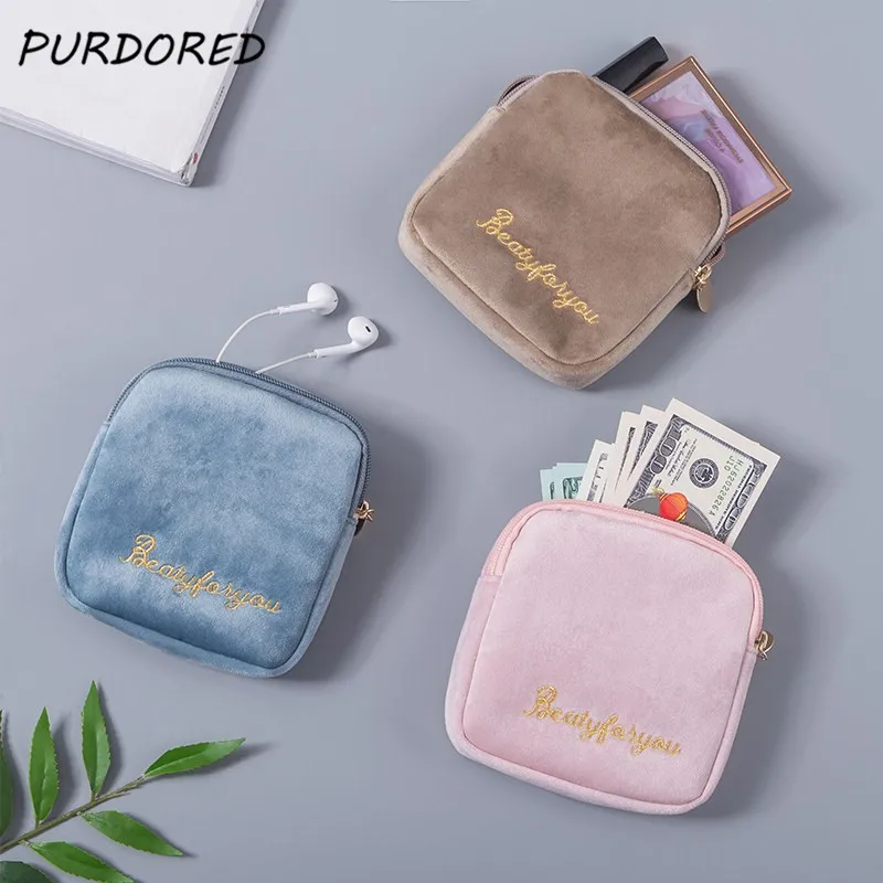  PURDORED 1 Pc Mini Solid Cosmetic Bag Velvet Toiletry Make Up Storage Bag Organizer Travel Cosmetic