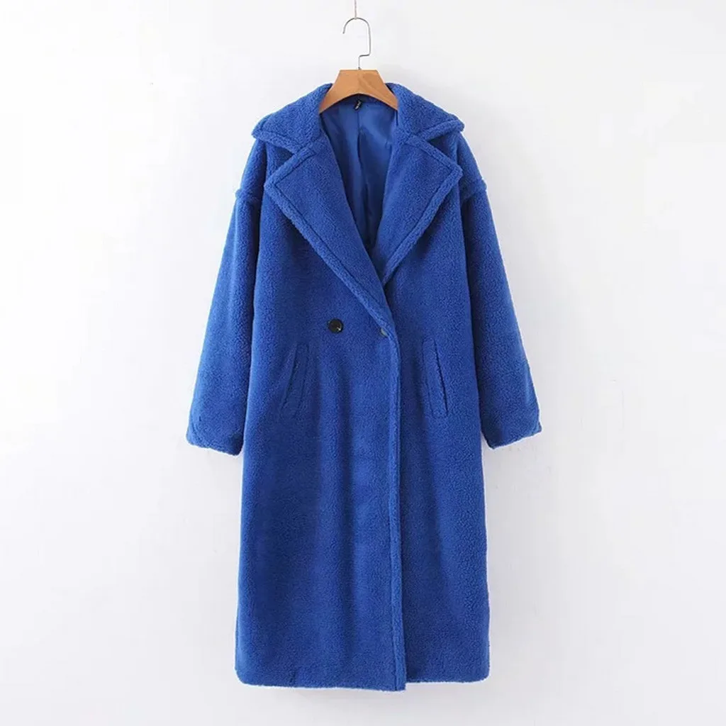 Зимнее женское длинное пальто, верхняя одежда, однотонный длинный рукав, мех ягненка, лацкан, теплое плюшевое пальто, куртка с отложным воротником, женское длинное пальто - Цвет: Blue