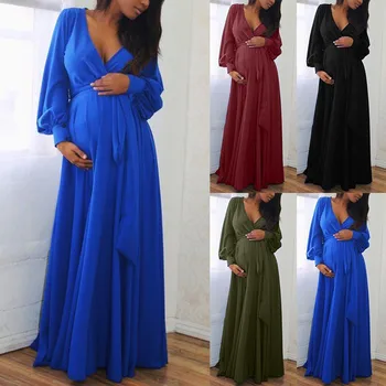

Pregnancy Dress Women Maternity V-Neck Long Sleeve Solid Ruffles Frenulum Sexy Dresses Photography Props Premama Winter Clothing