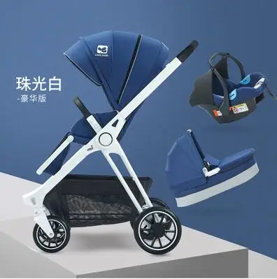 luxurious 3 in 1 baby stroller aluminium alloy baby pram leather two-way shock baby trolley with gifts - Цвет: Темно-синий