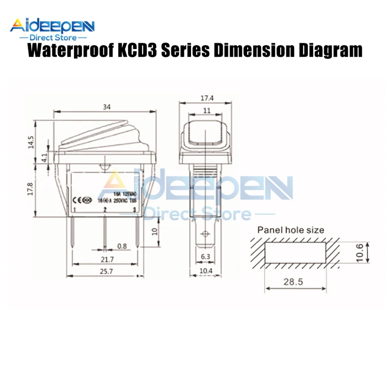 KCD3 Waterproof Rocker Switch 34x17mm AC 15A/250V 20A/125V ON-OFF 2 Position 3 Pin Reset Switch With LED Light