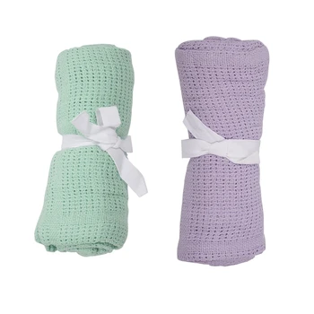 

2x 100% Cotton Baby Infant Cellular Soft Blanket Pram Cot Bed Mosses Basket Crib Color:Fruit green & Light purple