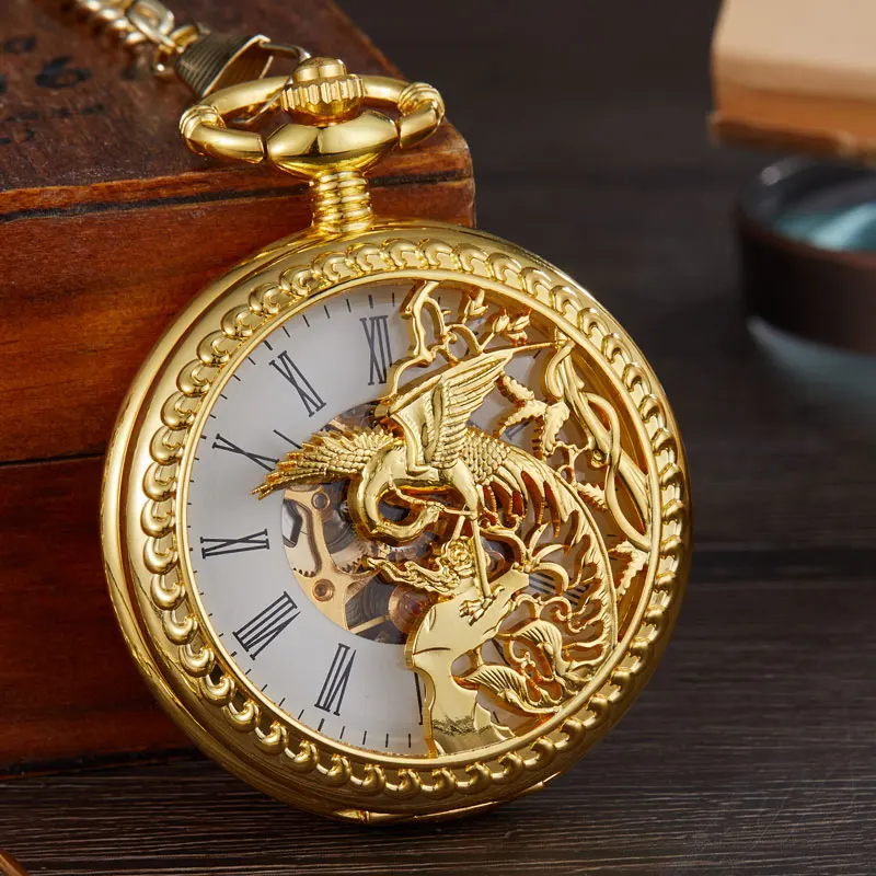 Vintage Mechanical Pocket Watch Hollow Phoenix Bird Roman Skeleton Clock Hand Winding Men Fob Chain Watches Double Case Clock