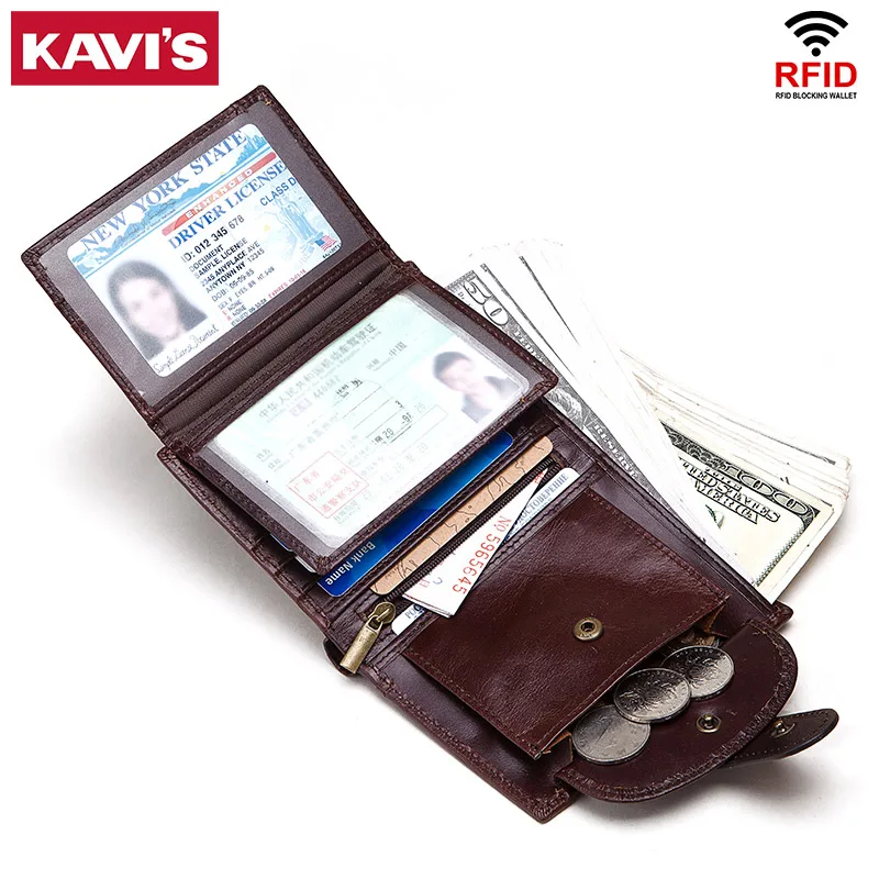 

KAVIS RFID Genuine Leather Men Wallet Vintage Coin Purse Mini Card Holder Chain Small PORTFOLIO Portomonee Male Walet Pocket