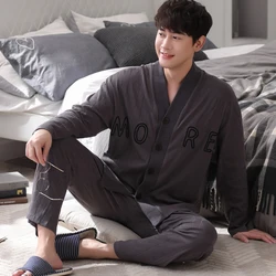 Spring Autumn Pajama Sets Suit Knitted Cotton Casual Long Sleeve Sleepwear Plaid Home Wear Plus Size Comfortable Pajamas For Men