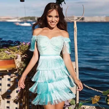 

2019 summer new ladies sexy party tassel strapless short-sleeved dress layer tassel stitching embroidery slim dress