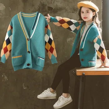 

Fashion Baby Girl Sweater Lozenge Knitted Cardigans for Teenagers Autumn Teen Girls Clothing Winter Children's Clothes 4 8 12Yrs
