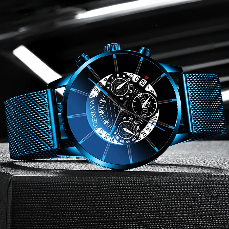 Luxury Men's Fashion Business Calendar Watches Blue Stainless Steel Mesh Belt Analog Quartz Watch relogio masculino