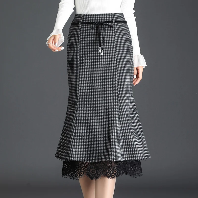 

2020 Autumn and Winter Women's High Waist Mid-length Package Hip Fishtail Skirt Woolen Skirt Plaid Slim One-step Skirt
