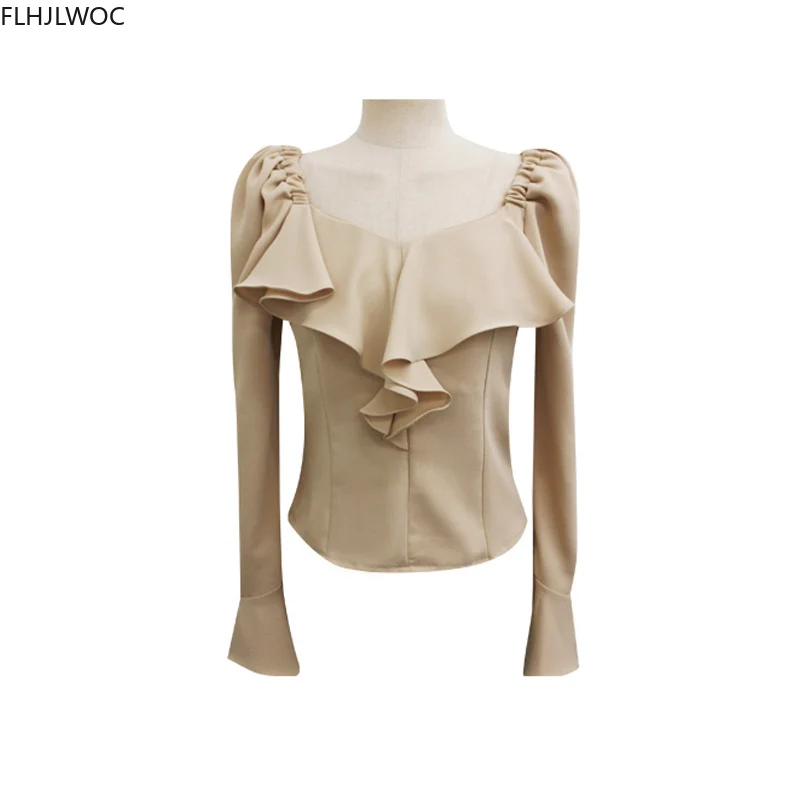 Ruffled Tops And Blouses Autumn Fall Basic Wear Flare Sleeve Chic Korean Fashion Shirts Black Off Shoulder Women Top Blusas 6