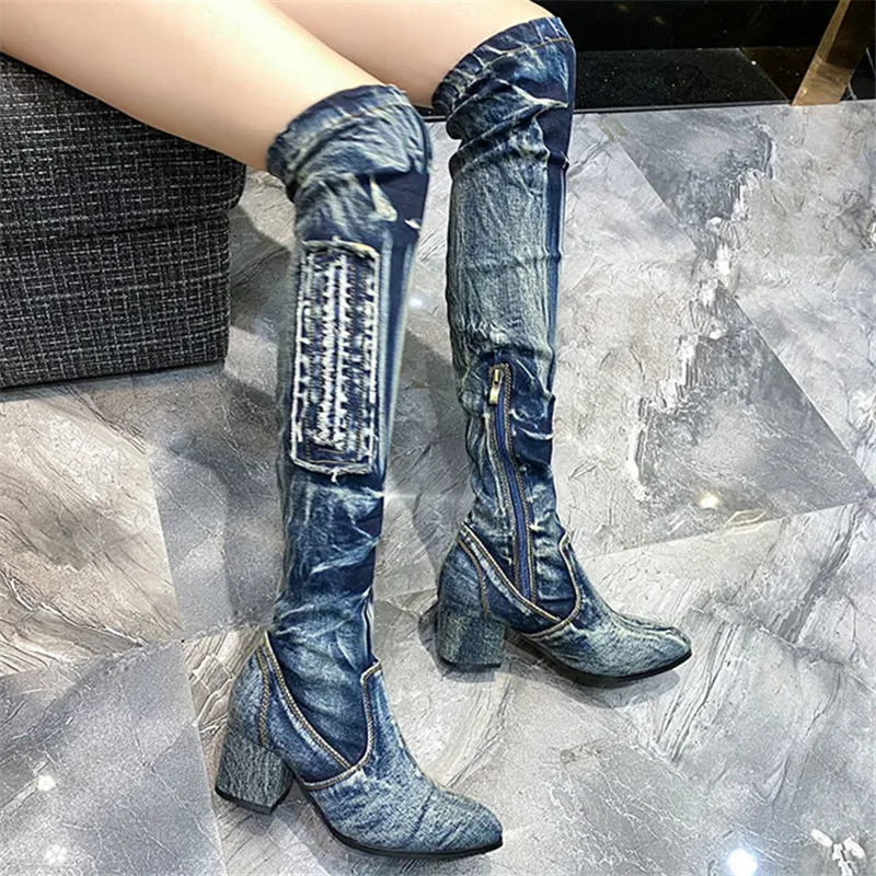 

Spring Autumn Casual Denim Shoes Women Thigh High Boots 6CM Chunky High Heel Over the Knee Boots Jean Long Botas Mujer