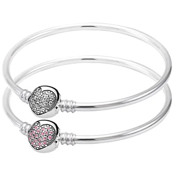 

New 925 Sterling Silver Bangle Crystal Heart & Star Circular Clasp Clip Suitable Bracelet Fit Europe Bead Charm Diy Jewelry