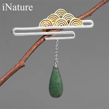 

INATURE Vintage 925 Sterling Silver Fashion Cloud Brooches for Women Natural Green Aventurine Water Drop Brooch Pin