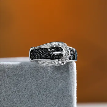 

Trendy Female Black Crystal Stone Ring Minimalist Zircon Thin Wedding Rings For Women Charm Leather Belt Engagement Ring