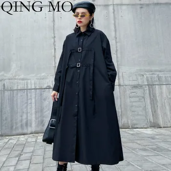 

QING MO Black Women Spring Blouse Dress 2020 Women Plus Size A Line Dress With Ribbon Female Full Sleeve Loose Dress ZQY3235