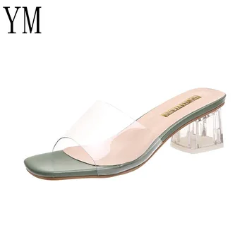 

2020 New Women Sandals Shoes Celebrity Wearing Simple Style PVC Clear Strappy Buckle 6CM High Heels Lady Transparent Heels 34-41