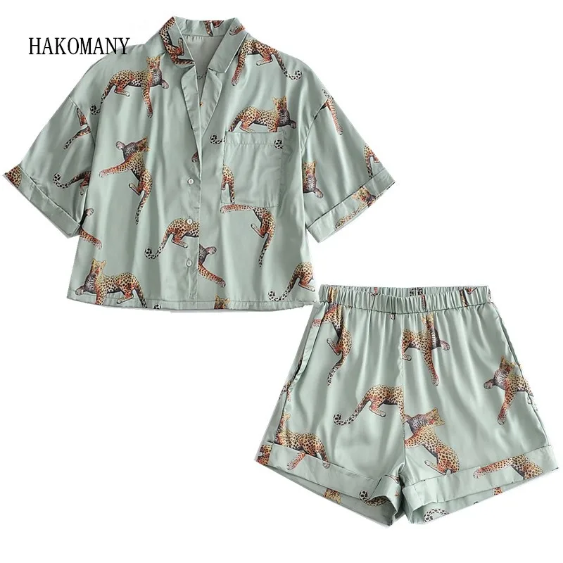 Women Loose Short Sleeve Blouse Tops 2 Pieces Set Animal Leopard Satin Short Shirt Pajama Suits Elastic Waist Wide Leg Shorts