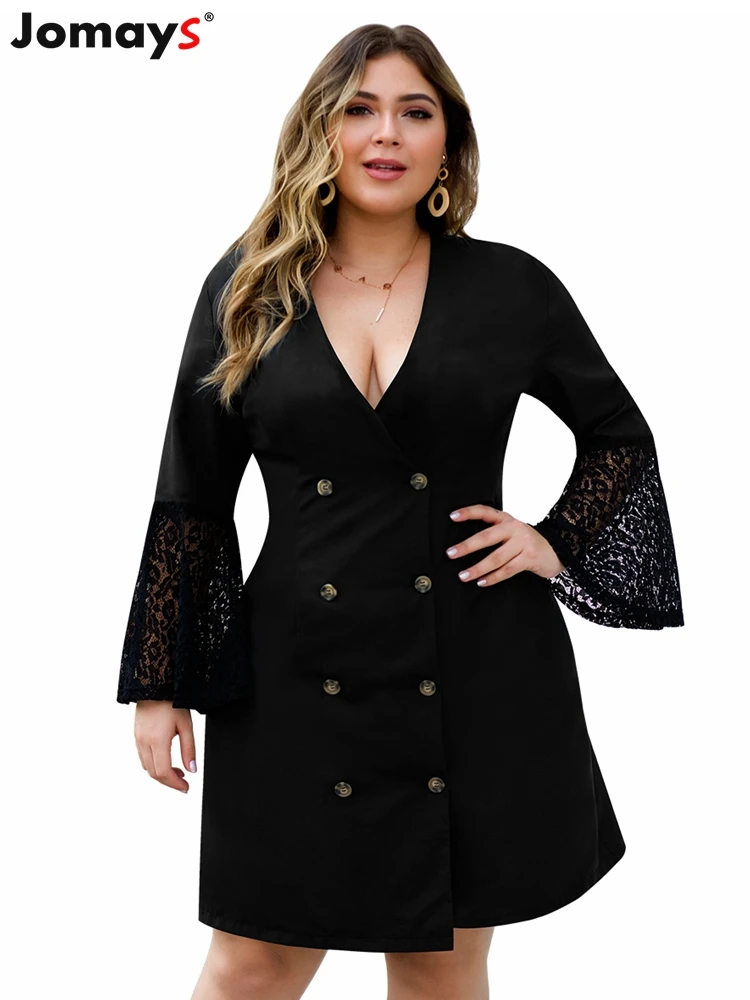 

Spring Autumn Plus Size Elegant Women Black Double Breasted Dress Deep V Neck Patchwork Lace Dresses Office Lady Femme Vestidos