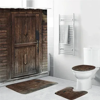 

3D Old Vintage Wood Door Waterproof Bath Shower Curtain Rug Set Non-slip Bath Mat Toliet Cover Polyester Shower Curtain