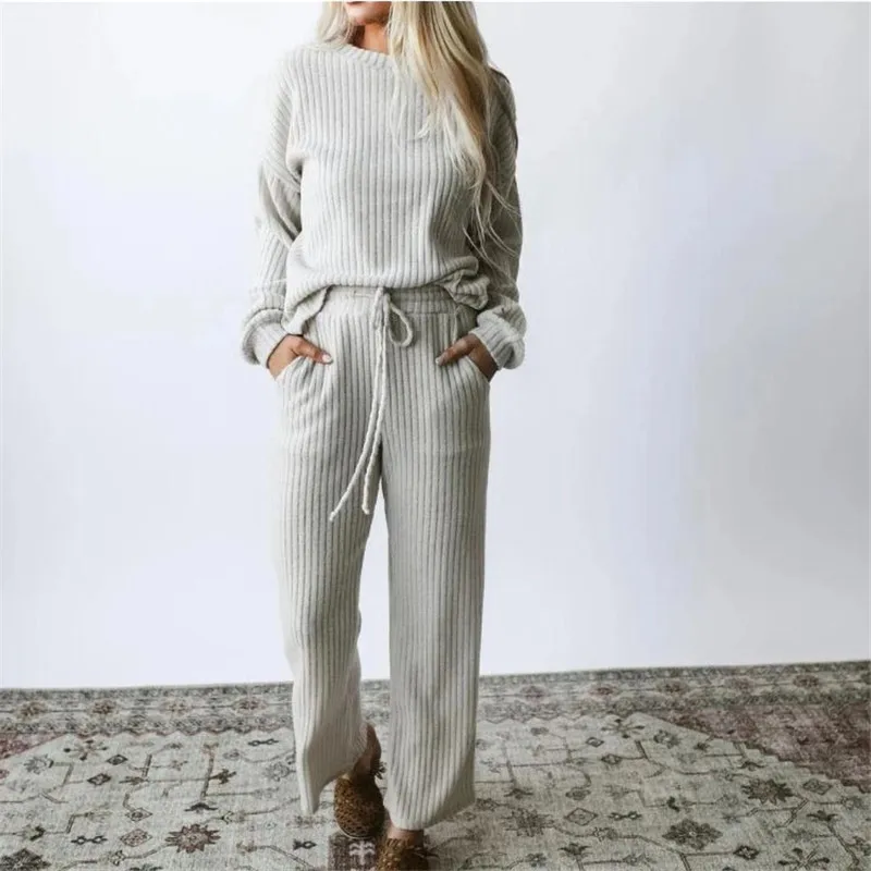 

Two Piece Set Women Tops And Pants 2020 Tracksuits Women Knitted Suit Casual Loose Top Long Pants 2PCS Ropa Mujer ододи