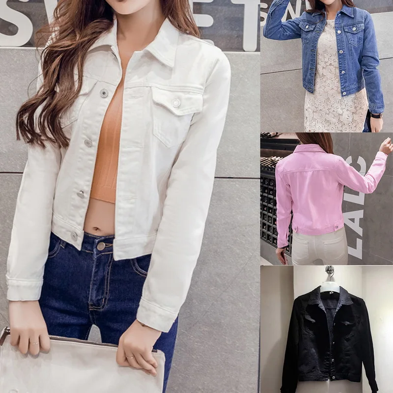 

OEAK Women Denim Jacket Ladies Short Jeans Overcoat Turn Down Collar Slim White Black Jeans Coats Women Fashion Streetwear