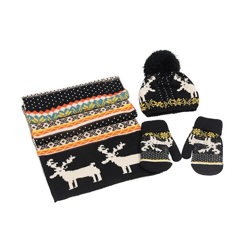 Winter Caps Knit Thick Wool Lining Warm Christmas Gift Reindeer Thick Hat Scarf Glove Sets For Women Or Girl 3pcs Warm Set - Цвет: Black