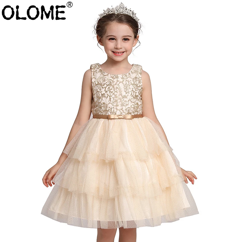 Champagne-Evening-Dress-Girls-Tiered-Maxi-Skirt-Kids-Sleeveless-Gown