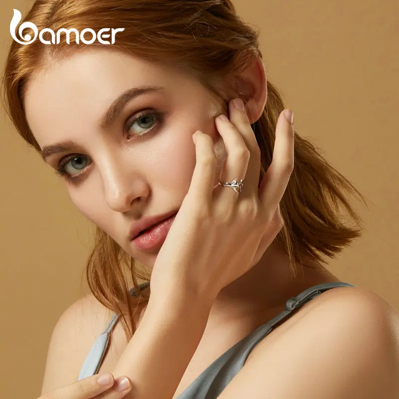 Bamoer, Аутентичные, 925 пробы, Серебряная лиса, животные, открытые, кольца на палец для женщин, сердце, регулируемое, свободный размер, кольцо, новинка, BSR090