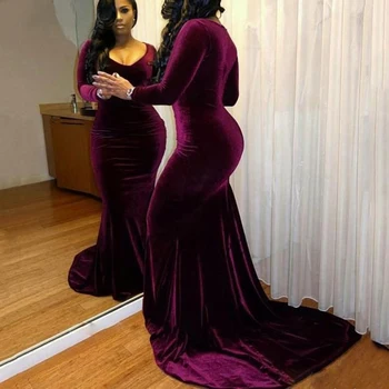 

Eightale Burgundy Velvet Mermaid Evening Dress Sexy V-Neck Formal Simple Arabic Kaftan Dubai Long Sleeves Prom Party Gown