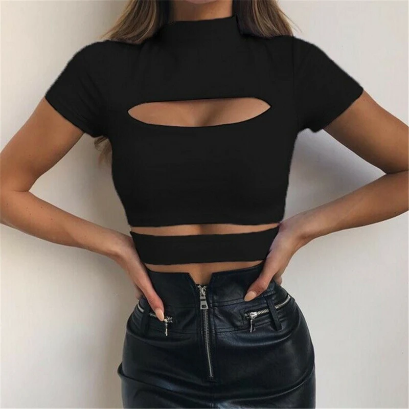 

2020 Fashion Female Casual Sexy Chest Hollow Out Crop Top Solid Sexy Women Slim Tank Tops Tee Shirt