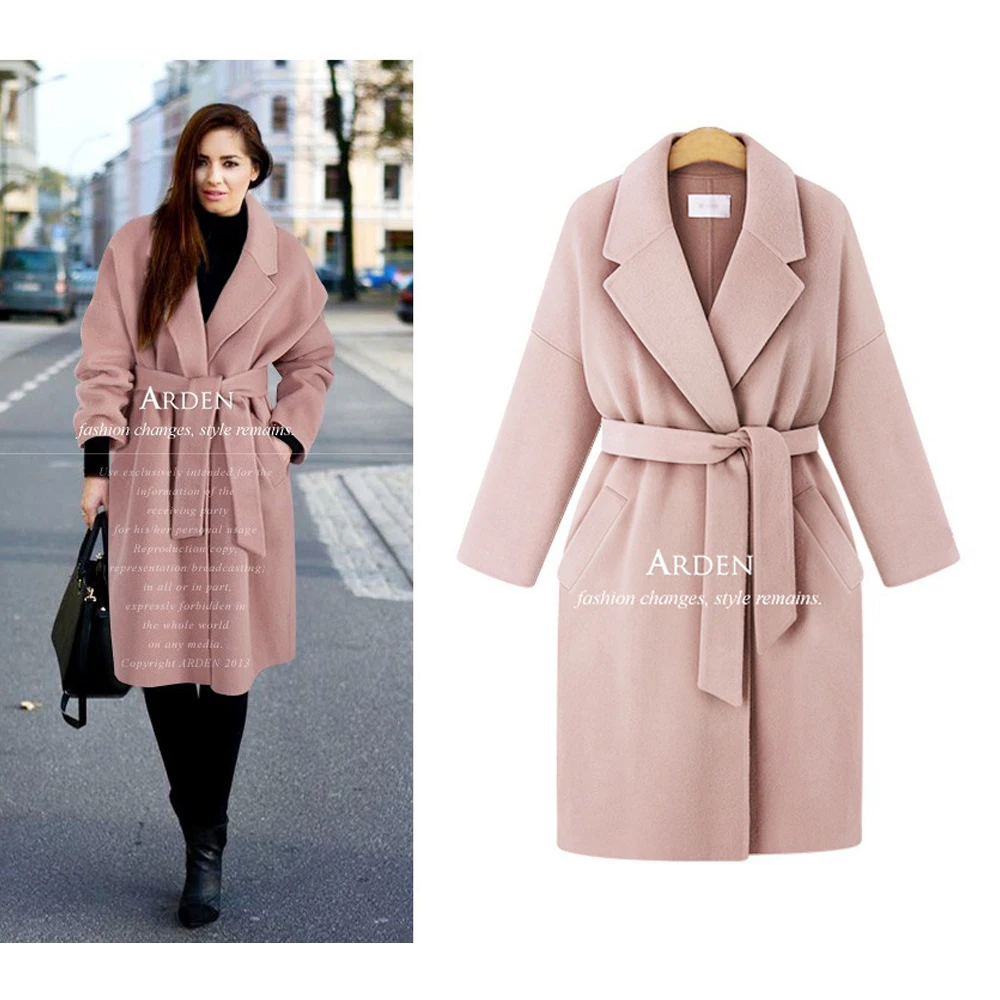 Осенне-зимнее женское пальто повседневное с поясом размера плюс, куртки с длинным рукавом, женское винтажное свободное теплое розовое шерстяное пальто Casaco Feminino - Цвет: Розовый