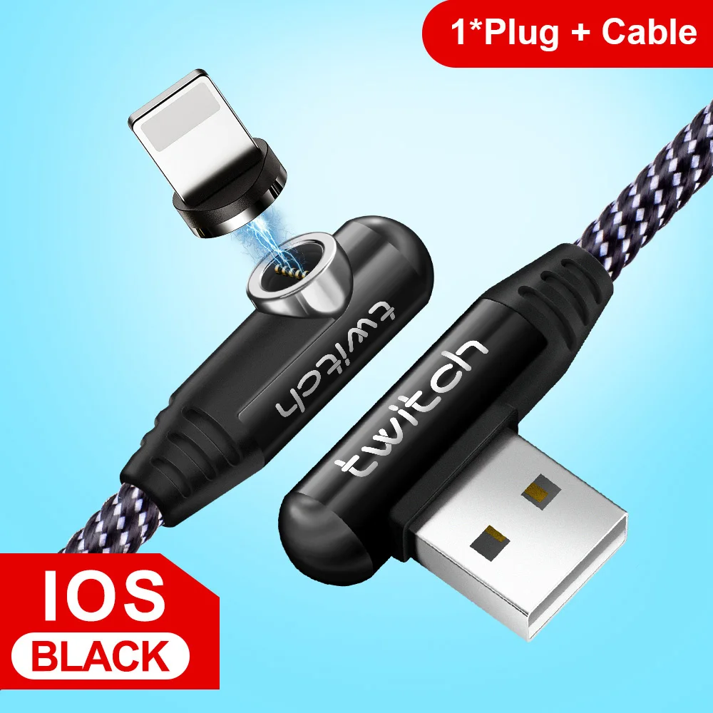 Магнитный кабель Twitch 90 градусов, 2 м, 1 м, Micro usb кабель, usb type c, 3A, шнур для быстрой зарядки для iPhone, samsung, USB C, магнитное зарядное устройство - Цвет: Black IOS Cable