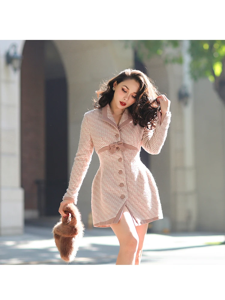 Le Palais Vintage Fall Winter Original Complex Process Retro Pink Slim Wool Long Coats Color Contrast Design Women Coat