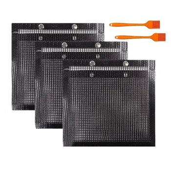 

3 Pcs BBQ Grill Mesh Bag with 2 Pcs Silicone Brush,Non-Stick Grilling Bag Heat-Resistant Reusable Easy to Clean Mesh Bag