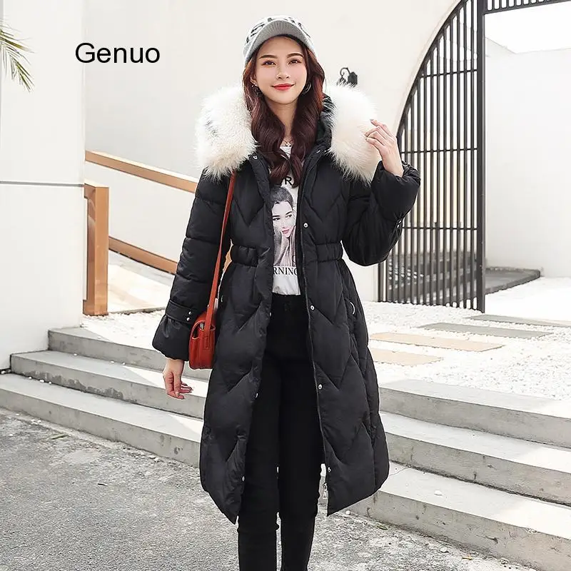 Women's Long Cotton Jacket With Big Fur Collar Overcoat Winter Clothes Korean Style Lace-up Slim-fitting Plus Cotton Jacket Wome