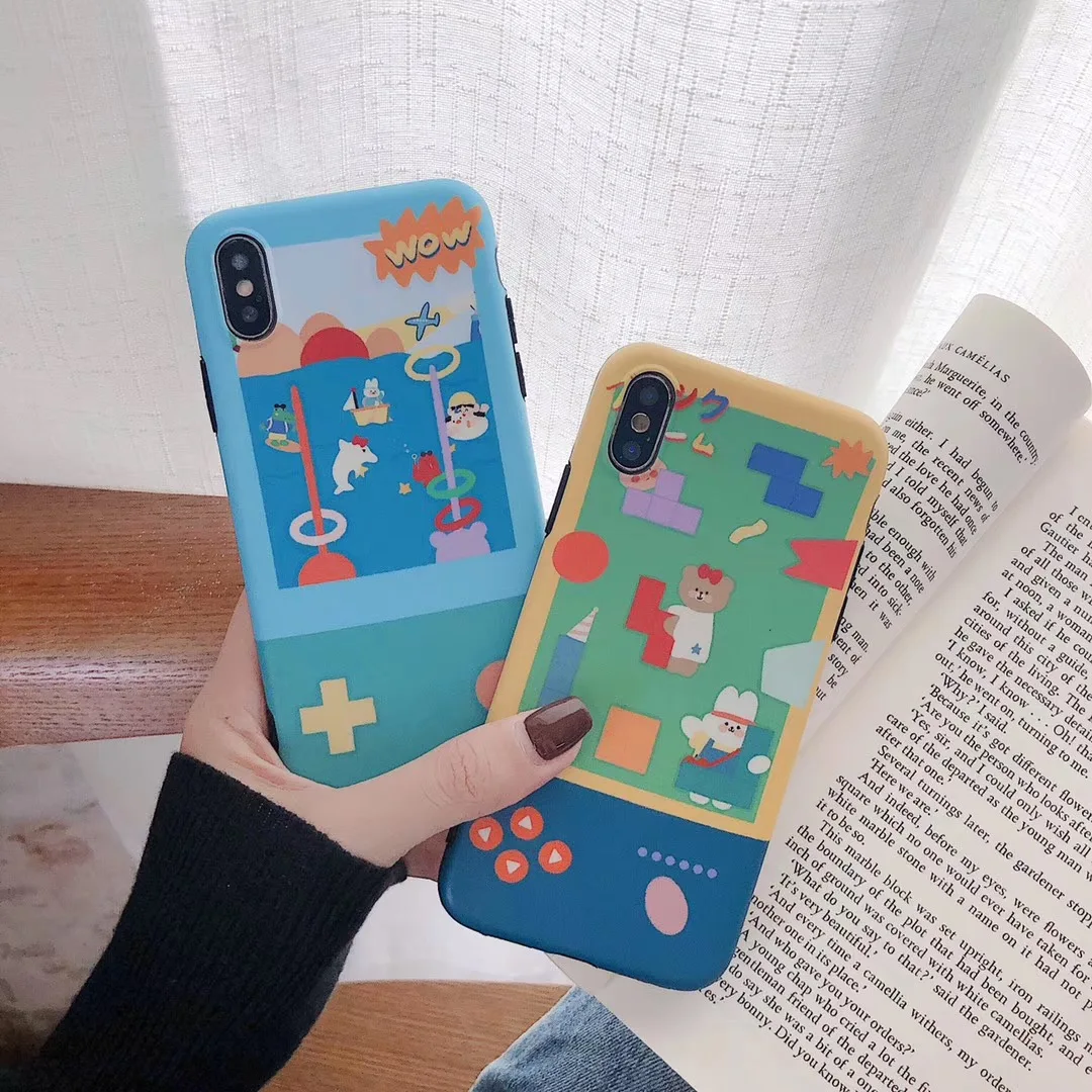 

INS Korea cute cartoon rainbow color game console bear rabbit phone case for iphone Xs MAX XR X 6 6s 7 8 plus couple soft coque