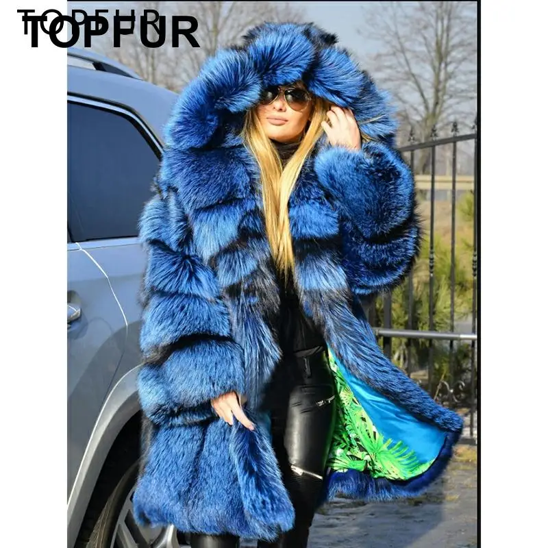 Женская шуба из натурального Лисьего меха TOPFUR теплая толстая зимняя с капюшоном