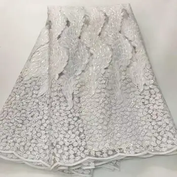 

Free shipping 5yards African french tulle lace fabrics high quality embroidery stones Swiss cord sequins mesh laces Dress B002