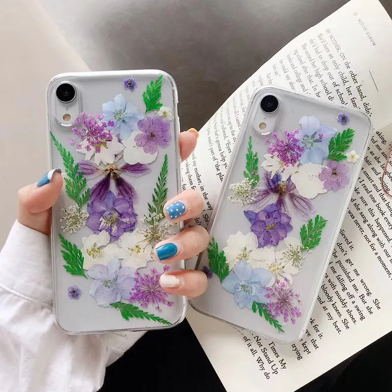 

case for iPhone 11 XR 7 8 11 Pro Max X XS Max Plus 6 6s cover Purple Flowerreal dried flower for Apple Creative Transparent