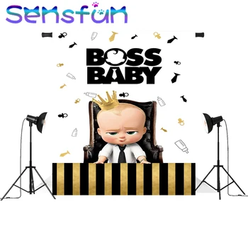 

Sxy1721 Gold Crown Boss Baby Backdrop Photography Background Children Birthday Party Black and Gold Banner Decoration
