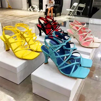 

Full leather thin belt ladies high heels square toe leather sandals female sheepskin summer party sandals