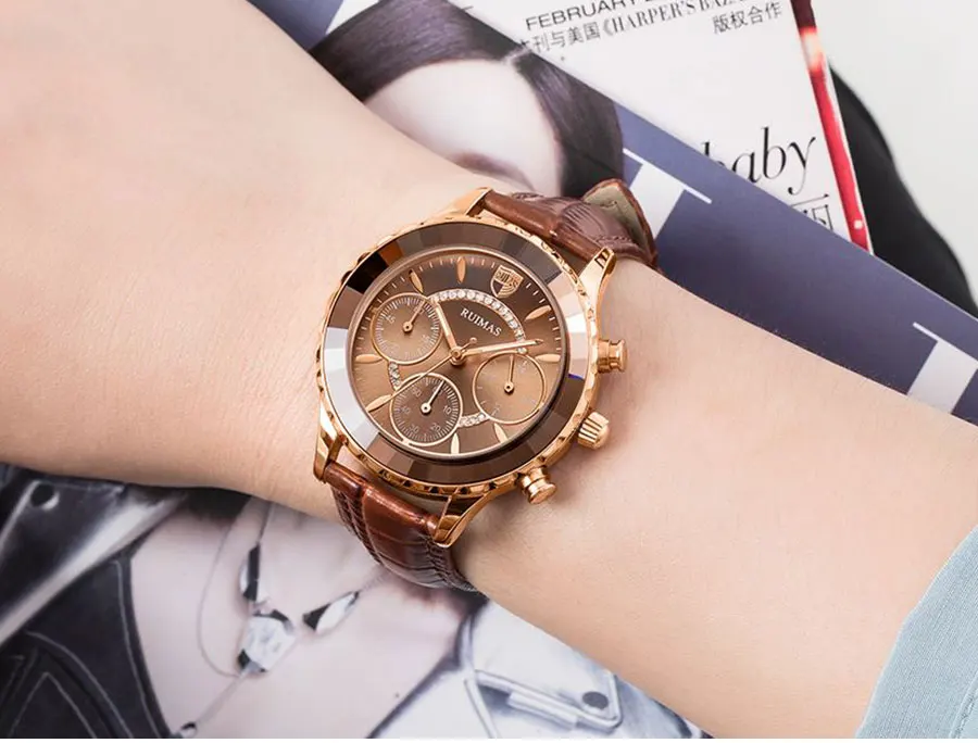 Женские кварцевые часы RUIMAS из розового золота, роскошные часы с кожаным ремешком и хронографом, женские повседневные наручные часы, женские часы 592