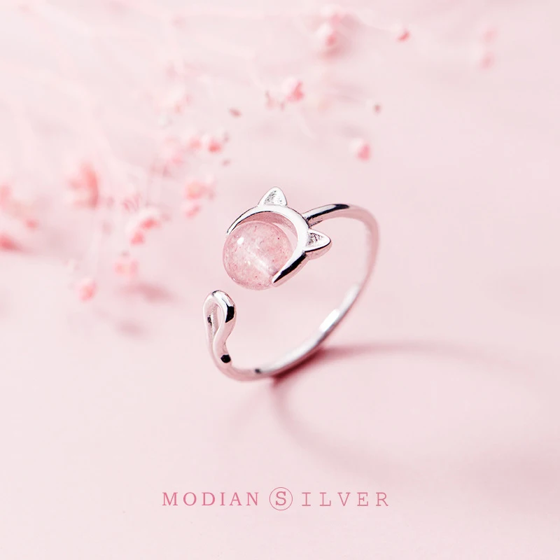 Modian Pink Crystal Cute Cat Face Open Adjustable Ring for Women Fashion Sterling Silver 925 Animal Ring Fine Jewelry Bijoux