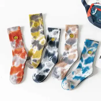 

Tie dye embroidered medium tube socks men and women smile face street cotton socks sports socks men's high top socks