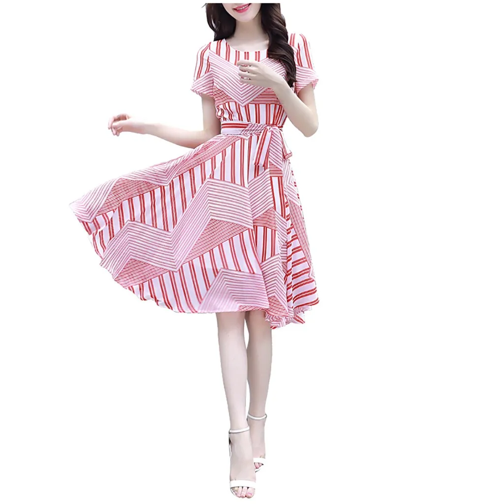 40 женское модное платье Летнее Бандажное платье с круглым вырезом модное платье с коротким рукавом в полоску с принтом до колена элегантное платье