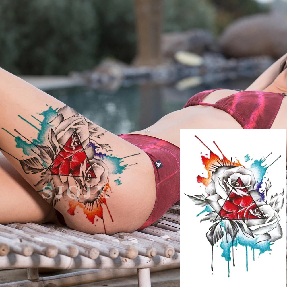 Временные Черные цветы розы для женщин девушки татуировки рукава водонепроницаемый треугольник татуировки стикер боди арт руки ноги сексуальные Поддельные татуировки